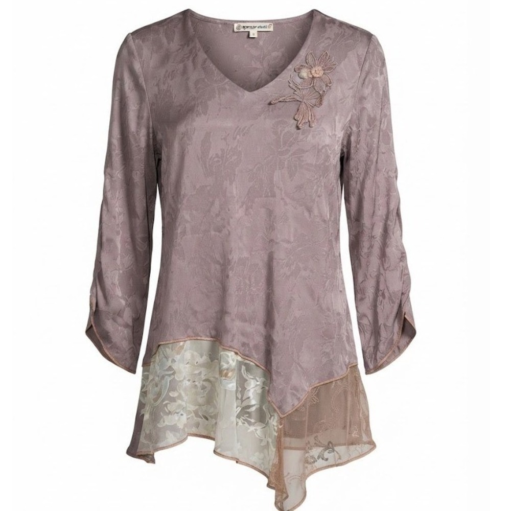 Spencer Alexis Gray Purple Floral Jacquard Asymmetrical Blouse Tunic 16 NWT